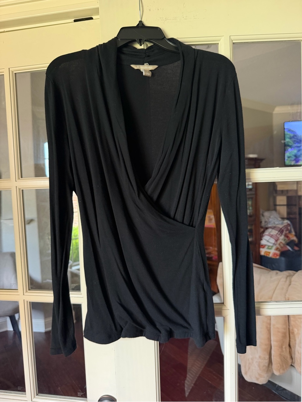 Banana Republic Black Draped Jersey Wrap-Front Top Size L
